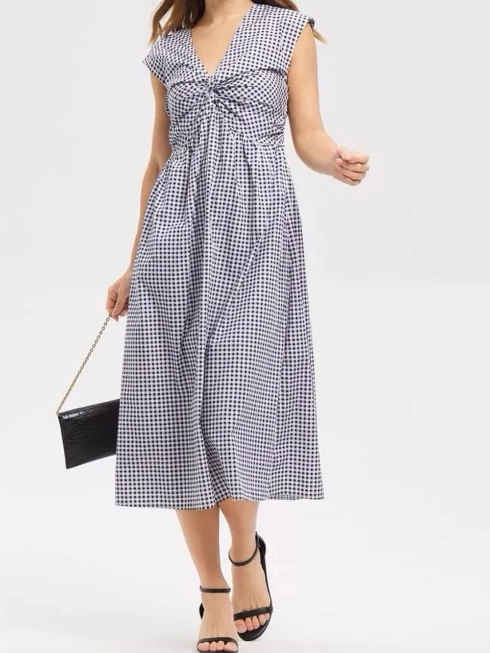 Gingham Knot-Front Midi Dress in Black & White